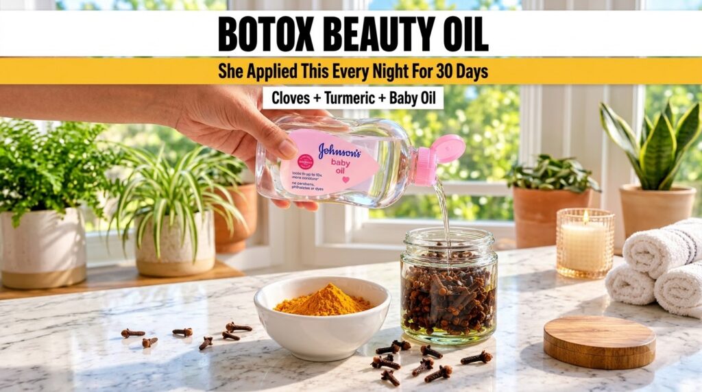 A hand pouring Johnson s Baby Oil into a glass jar containing cloves with a bowl of turmeric and scattered cloves on a m