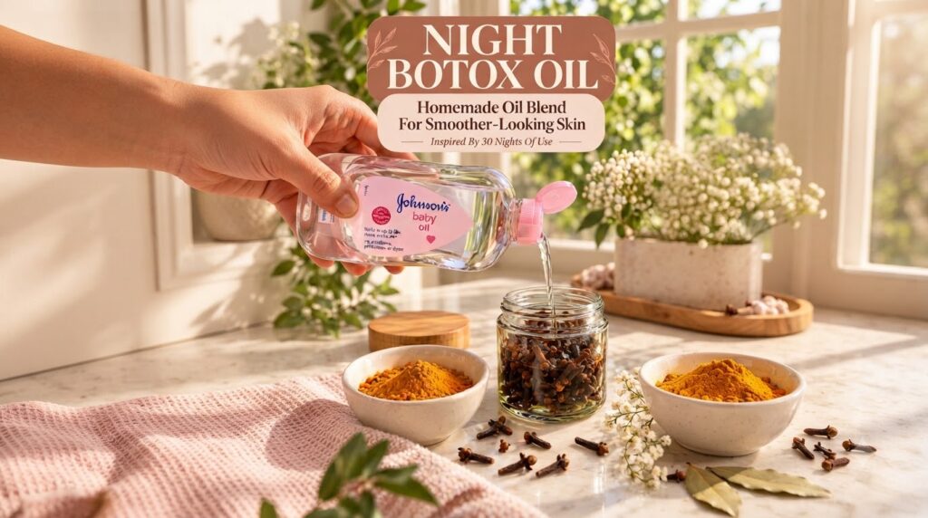 A hand pouring Johnson s baby oil into a glass jar filled with two whole cloves A small bowl of turmeric powder sits nea