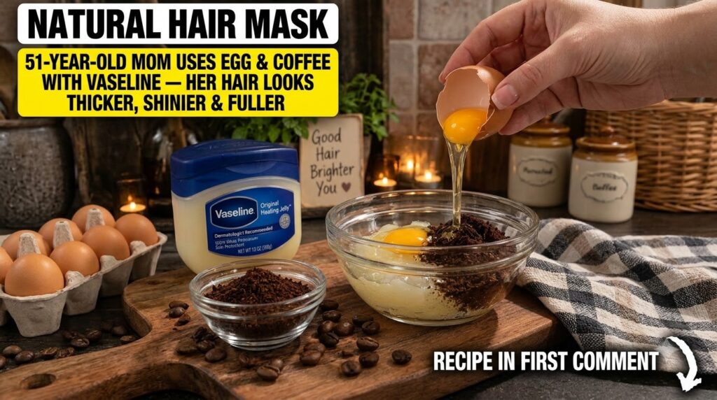 Ingredients for a DIY hair mask a bowl with coffee grounds cocoa powder and raw eggs Focus on the natural ingredients re
