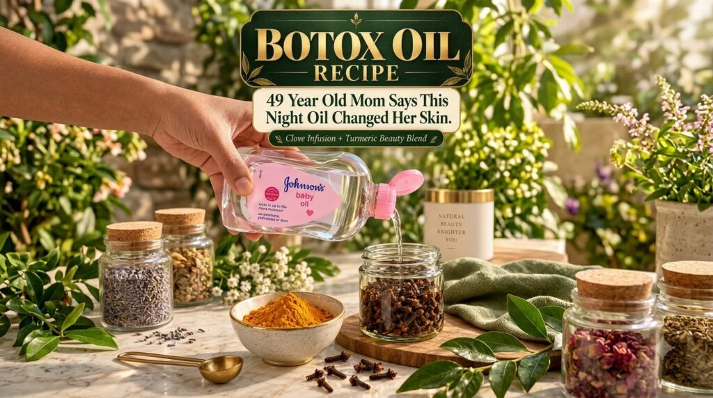 A hand pouring Johnson s baby oil into a glass jar filled with cloves A small bowl of turmeric powder and scattered clov