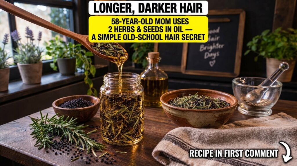 A glass jar filled with golden oil rosemary leaves and black seeds with more oil being poured into it from a wooden spoo