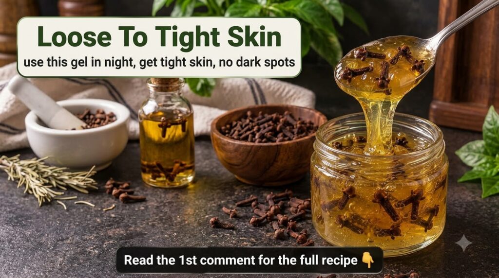 A close-up of a spoon lifting a viscous golden gel infused with cloves creating a thick drip into a glass jar Cloves are