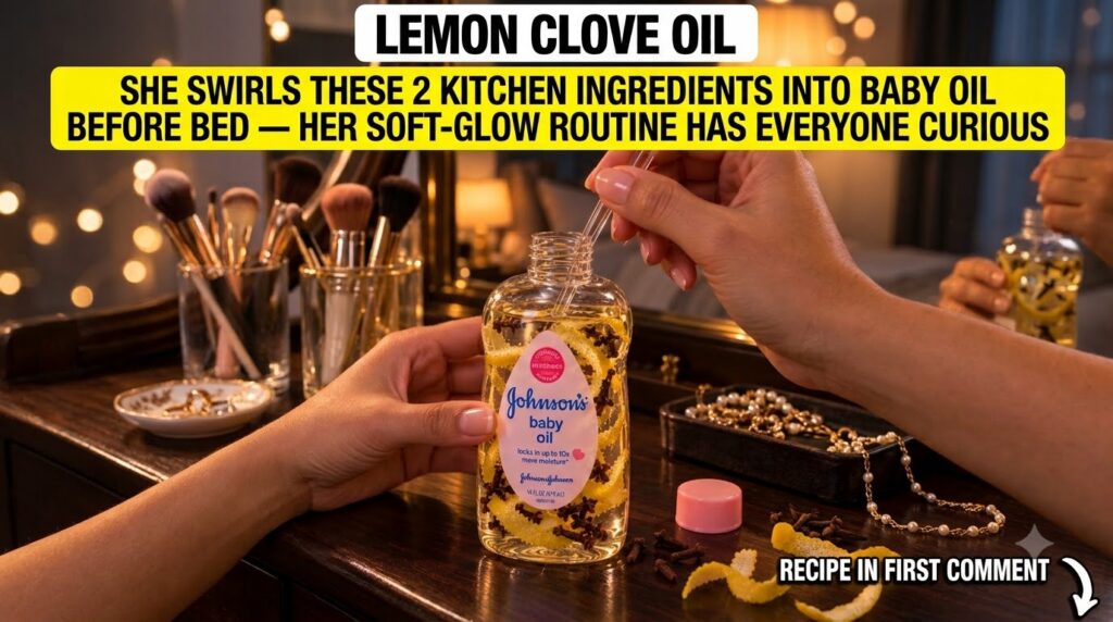 A person s hands holding a bottle of Johnson s baby oil infused with lemon peels and whole cloves with a dropper being i