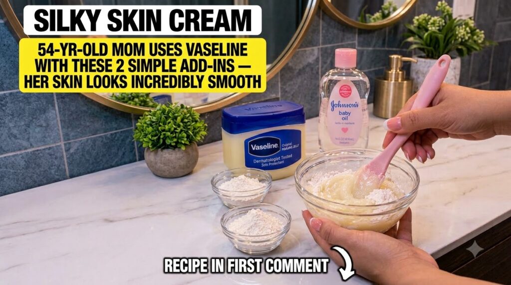 A woman s hands mixing Vaseline baby oil and baking soda in a glass bowl on a wooden countertop with a pink spatula