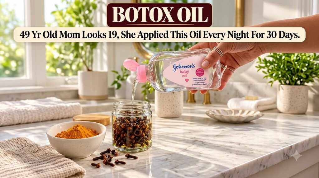 A hand pouring Johnson s baby oil into a glass jar filled with cloves with a small bowl of turmeric powder nearby on a m