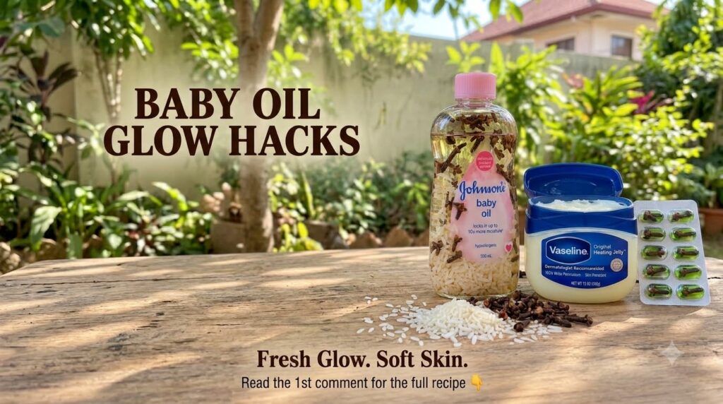A flat lay image of various natural beauty ingredients and products on a light wooden surface Features a bottle of baby