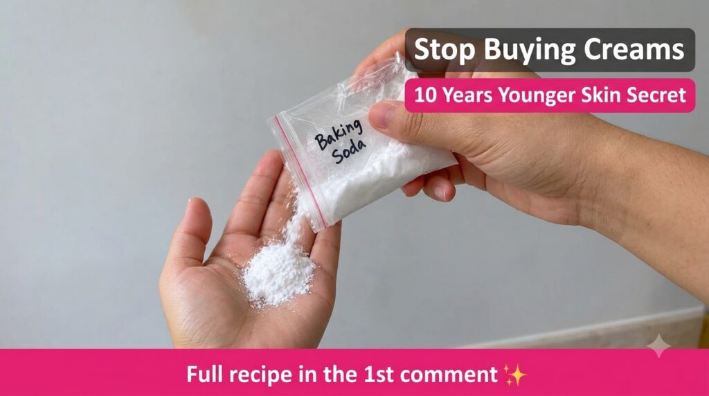 A hand pouring white baking soda powder from a clear plastic bag into another open palm against a plain grey background
