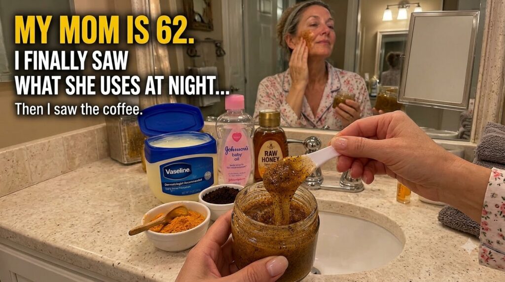 A woman mid-50s to early 60s with radiant skin looking in a mirror and applying a homemade scrub to her face In the fore