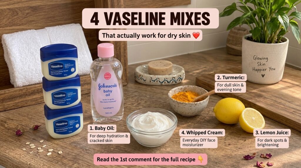 A flat lay of skincare ingredients on a wooden surface including Vaseline jars fresh lemons a bowl of turmeric baby oil