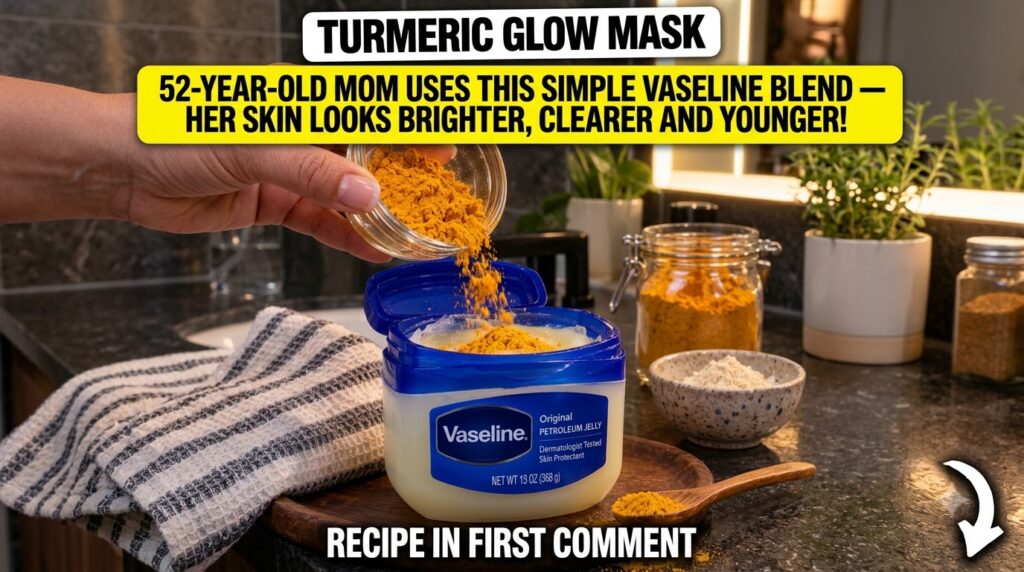 A hand pouring bright yellow turmeric powder into a large jar of Vaseline petroleum jelly on a dark countertop Other ing