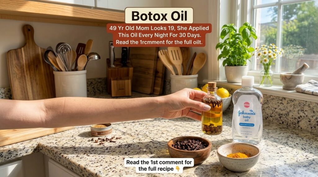 A hand holding a small glass bottle of golden oil infused with cloves and orange peel next to a larger bottle of baby oi