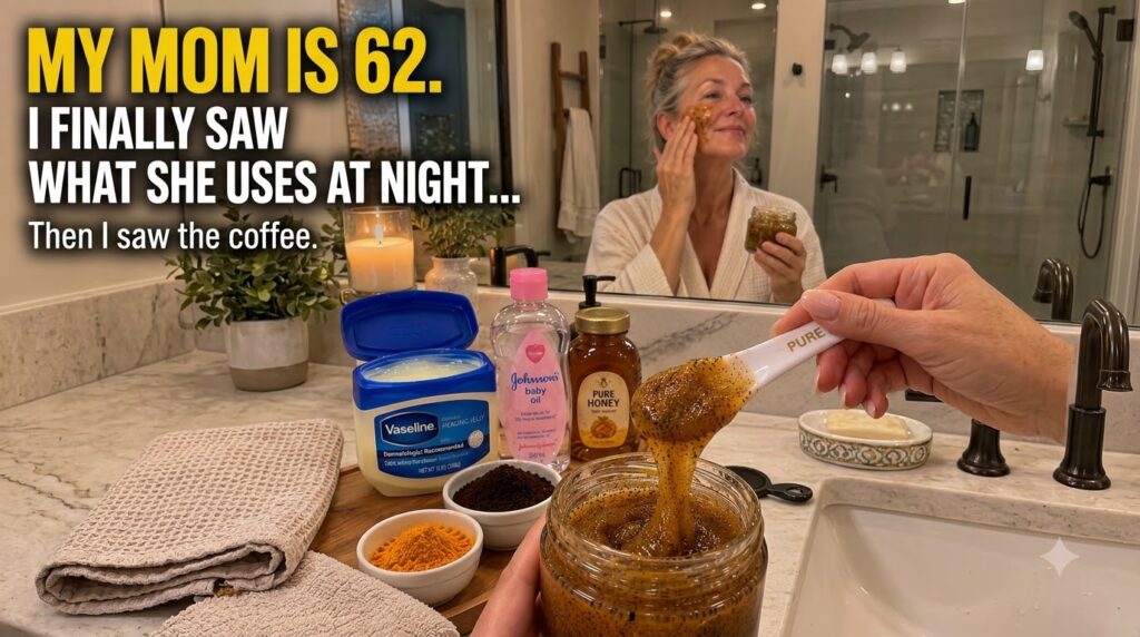 A hand holding a jar of homemade coffee scrub with natural ingredients like coffee grounds honey and turmeric laid out o