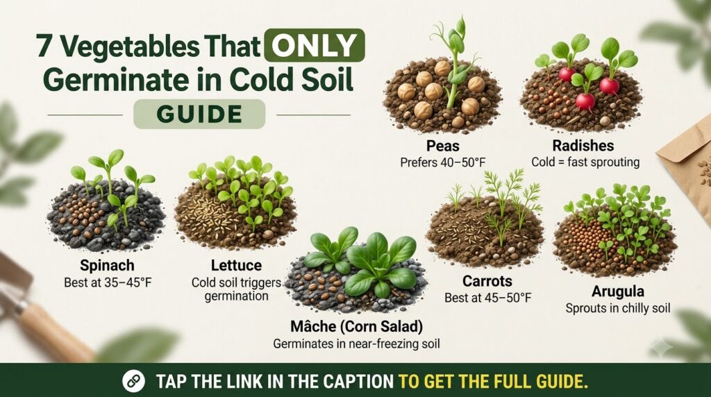 An infographic showing seven different vegetable seedlings Spinach Lettuce Peas Radishes Carrots Arugula Mâche Corn Sala