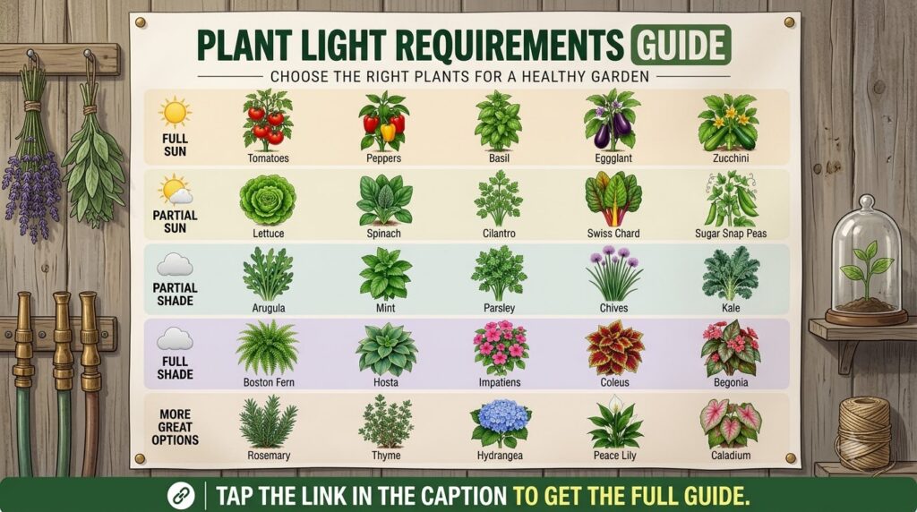 An infographic illustrating various vegetables categorized by their light requirements full sun partial sun partial shad