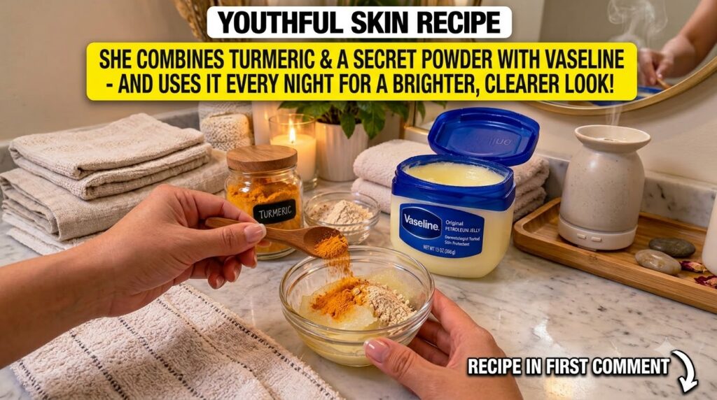 Hands spooning turmeric powder into a glass bowl with Vaseline and rice powder surrounded by lit candles and plants