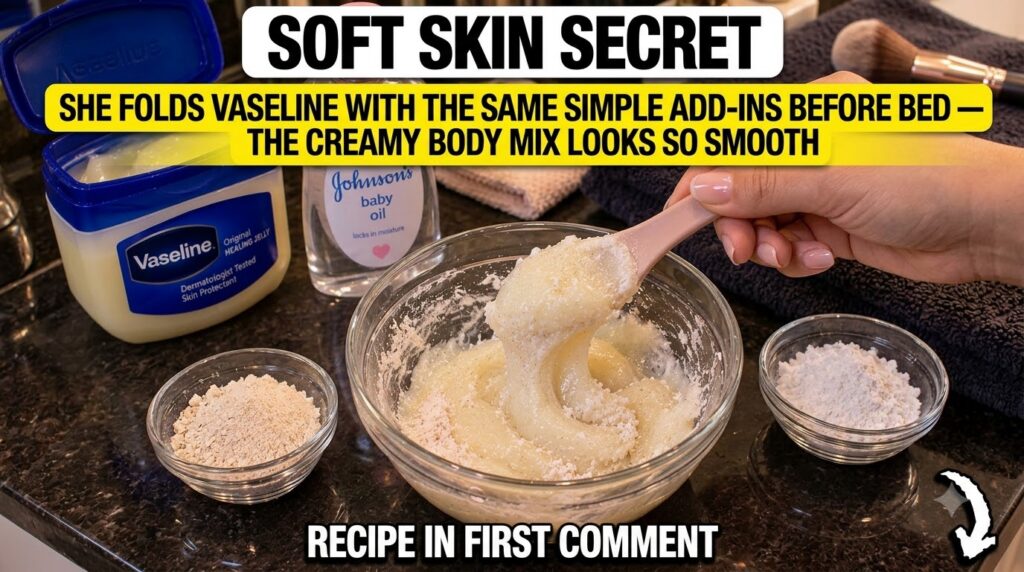 Hands mixing Vaseline baby oil and rice powder in a glass bowl with a pink spatula surrounded by the ingredients Flat la