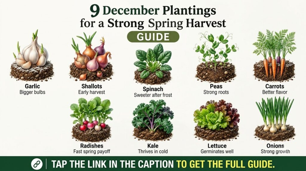 A 3x3 grid showcasing nine different cool-weather crops garlic shallots spinach peas carrots radishes kale lettuce and o
