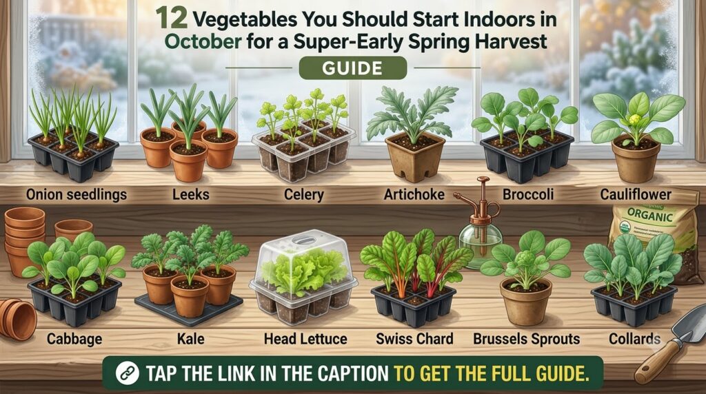 An infographic showing 12 different vegetable seedlings to start indoors in October for an early spring harvest arranged