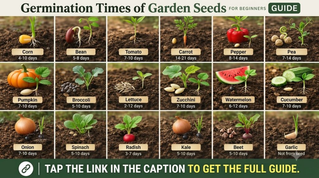 An infographic titled Germination Times of Garden Seeds Guide FOR BEGINNERS showing a grid of different garden seeds e g