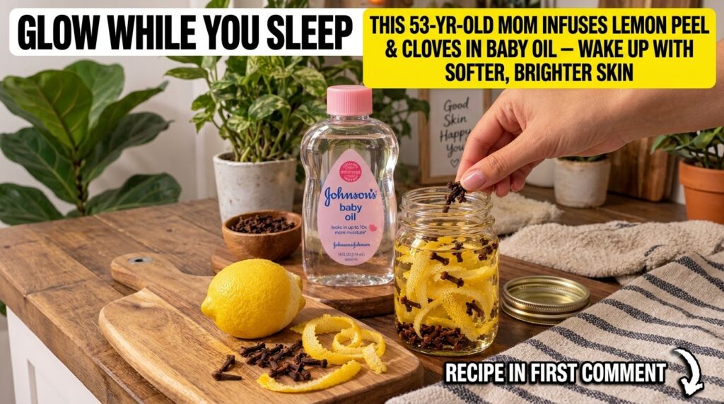 A close-up shot of a hand dropping cloves into a glass jar filled with baby oil and lemon peels Loose lemon peels and cl