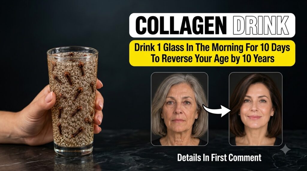 A hand holding a clear glass filled with a collagen drink containing translucent seeds and clove buds To the side a befo