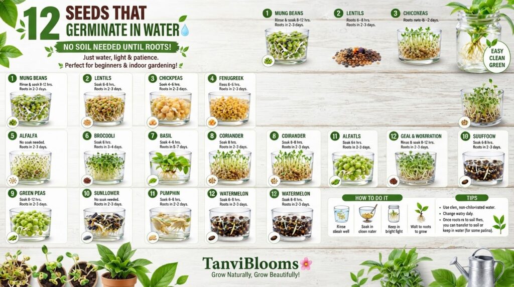 An infographic showing 12 different types of seeds germinating in water in glass containers with roots and sprouts visib