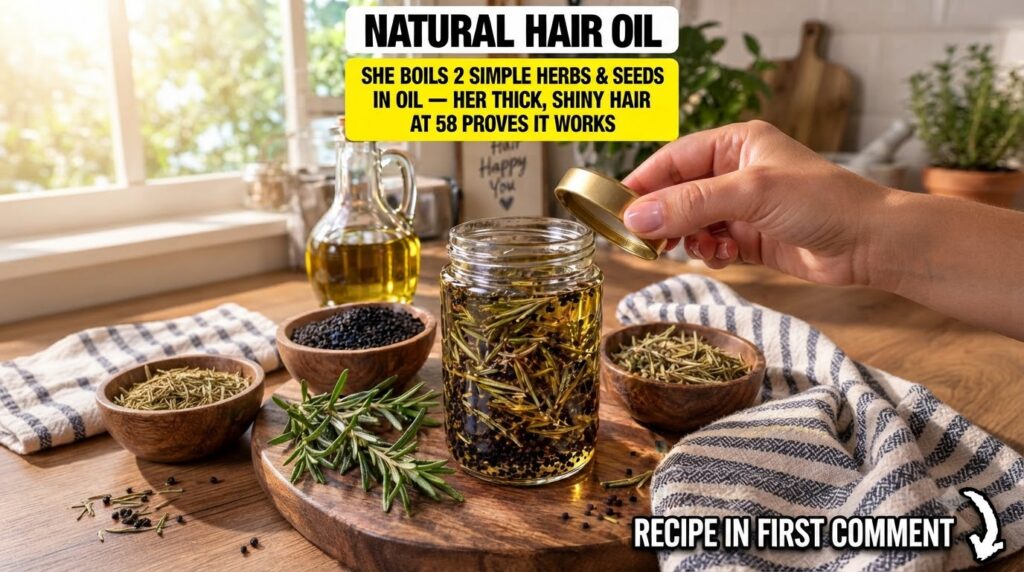 A clear glass jar filled with a light oil dried rosemary sprigs and black seeds A hand is holding the lid over the jar A