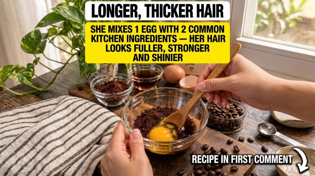 Close-up top-down view of hands mixing raw egg yolk ground coffee and cocoa powder in a clear glass bowl with a wooden s