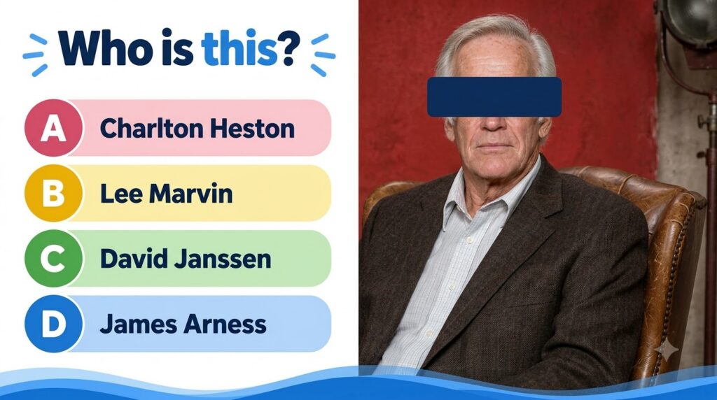 Close-up of Robert Redford s lower face with the upper face obscured by a blue bar presented in a quiz format with multi
