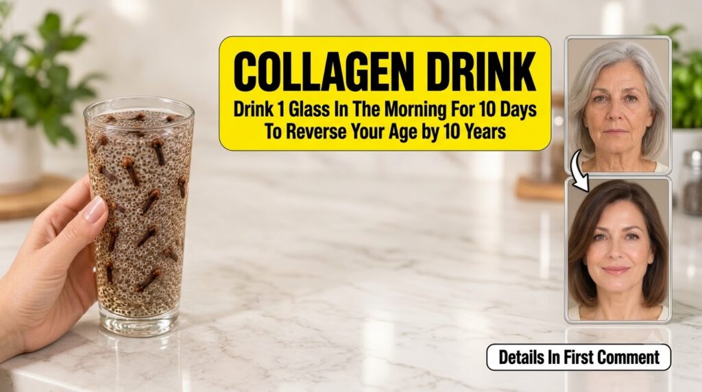 A glass of Collagen Drink with chia seeds and cloves next to a split image showing a before woman with grey hair and wri