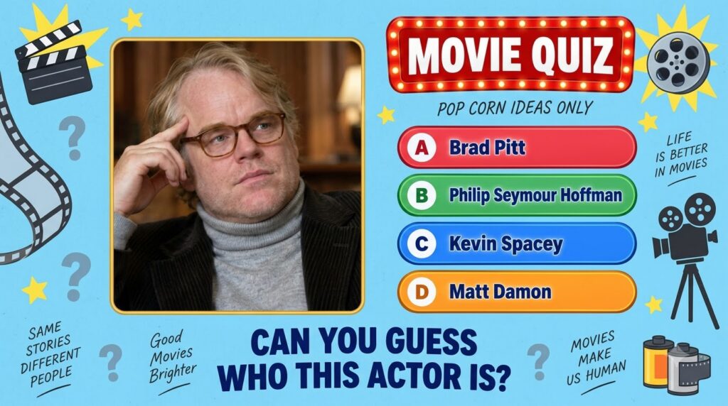 A social media movie quiz featuring a portrait of actor Philip Seymour Hoffman with a thoughtful expression wearing glas