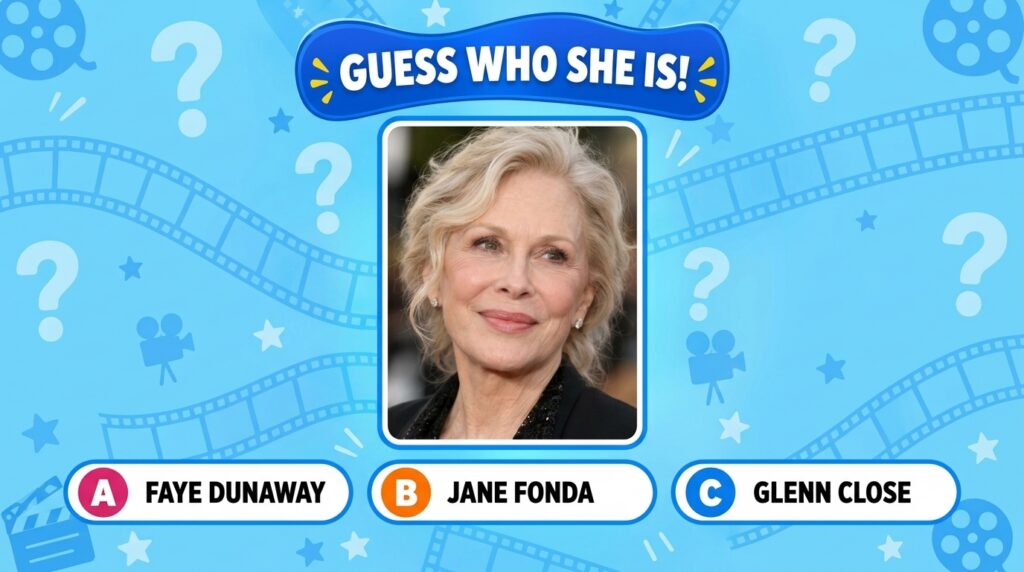 A multiple-choice quiz image with a headshot of an older woman blonde hair diamond earrings and a blue banner saying GUE