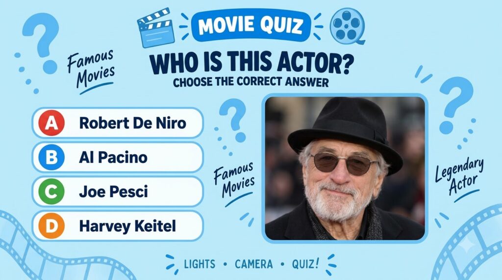 A movie quiz image showing a headshot of an older man with a fedora dark glasses and a white mustache with multiple-choi