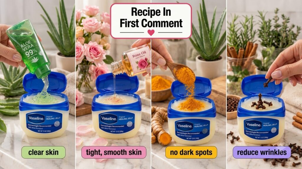 A 2x2 grid showing four different DIY beauty recipes Each section features a hand adding an ingredient aloe vera gel ros