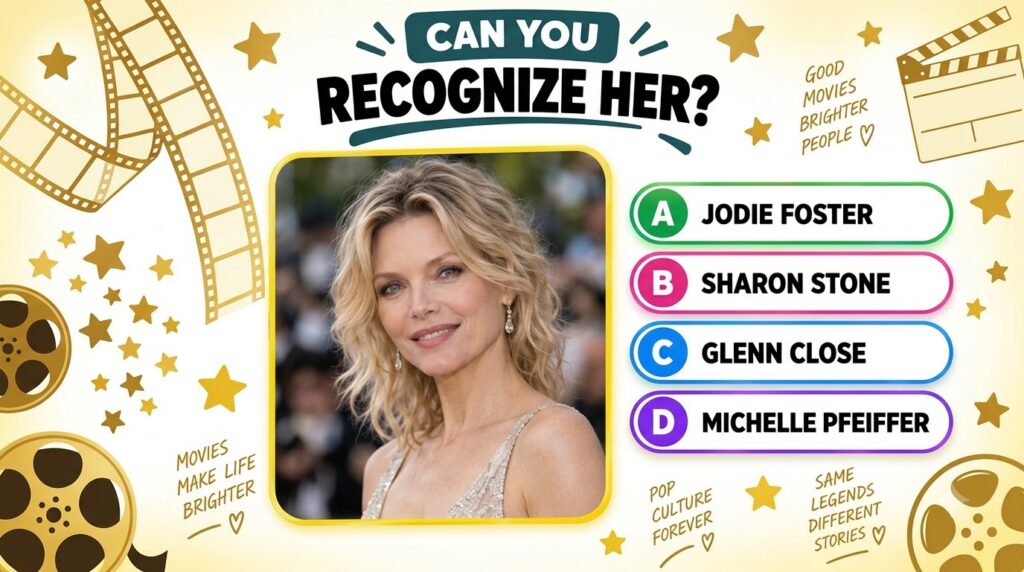 A quiz image featuring a portrait of Jodie Foster with multiple choice options for her name