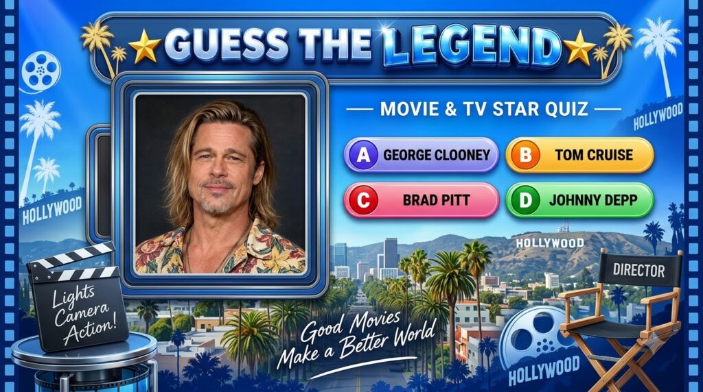 A headshot of actor Brad Pitt with long blonde hair and a patterned shirt set against a dark background framed within a 