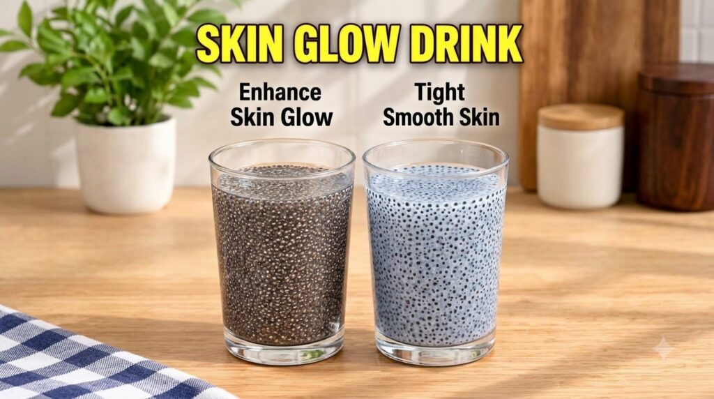 Two glasses of chia seed drinks one with dark seeds in water the other with seeds in a milky liquid on a wooden board wi