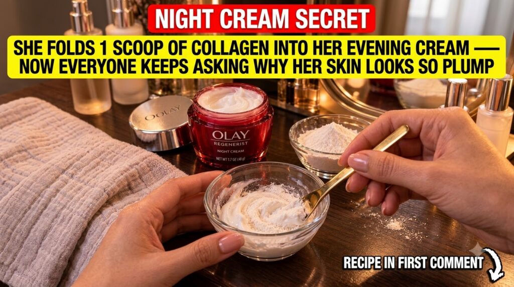 Hands mixing white rice powder into a creamy white Olay Regenerist Night Cream in a small glass bowl with the Olay jar v