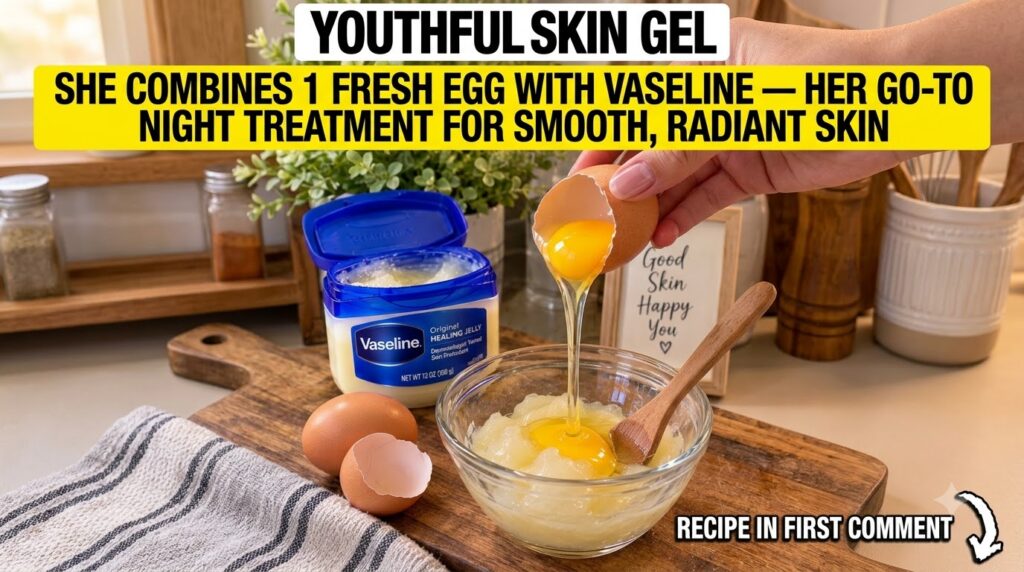 A hand cracking a raw egg with the yolk and white pouring into a clear glass bowl containing Vaseline In the background