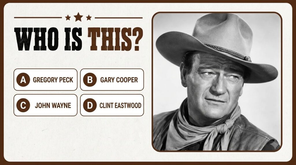 Black and white close-up portrait of a man in a cowboy hat for a celebrity quiz