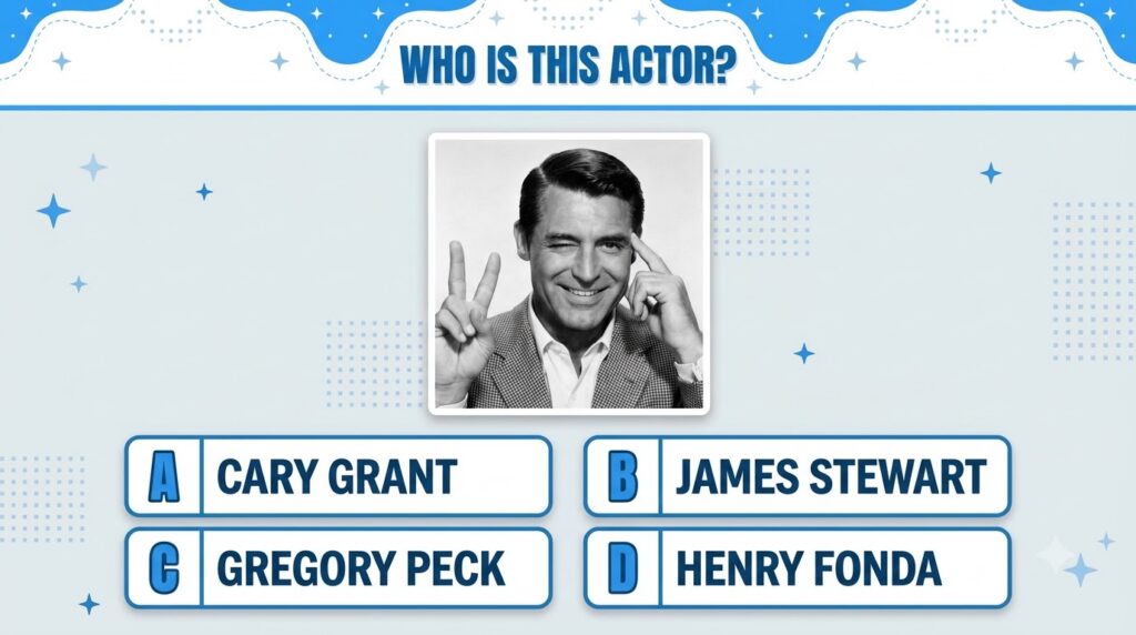Black-and-white portrait of a male actor winking and making a peace sign with multiple-choice options below it