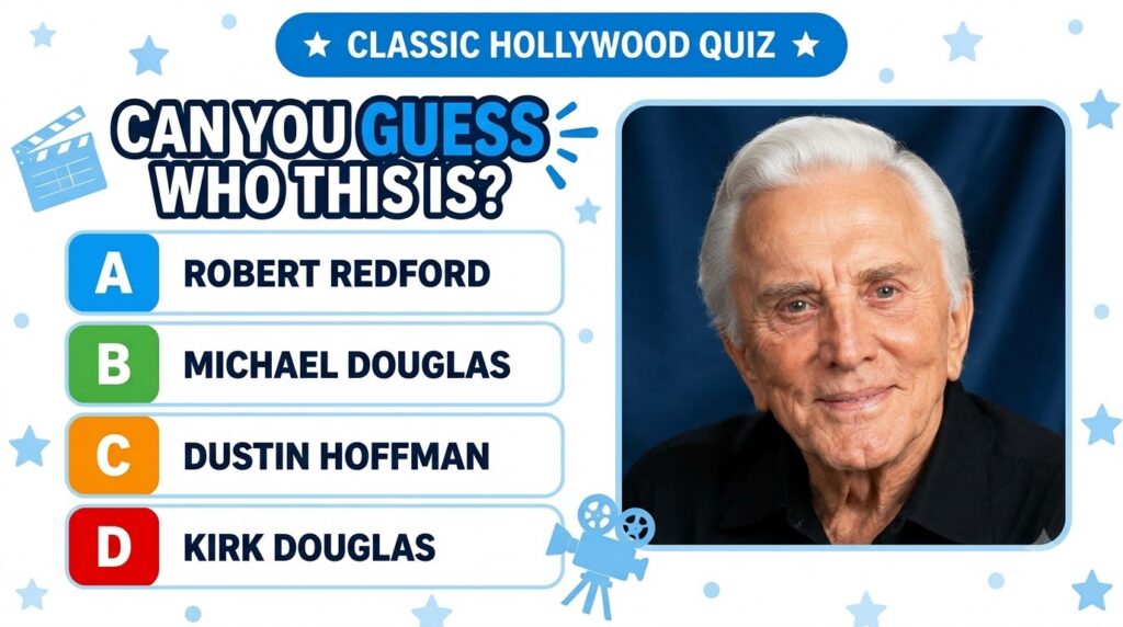 A quiz image featuring a headshot of an elderly Kirk Douglas with the question CAN YOU GUESS WHO THIS IS and four multip