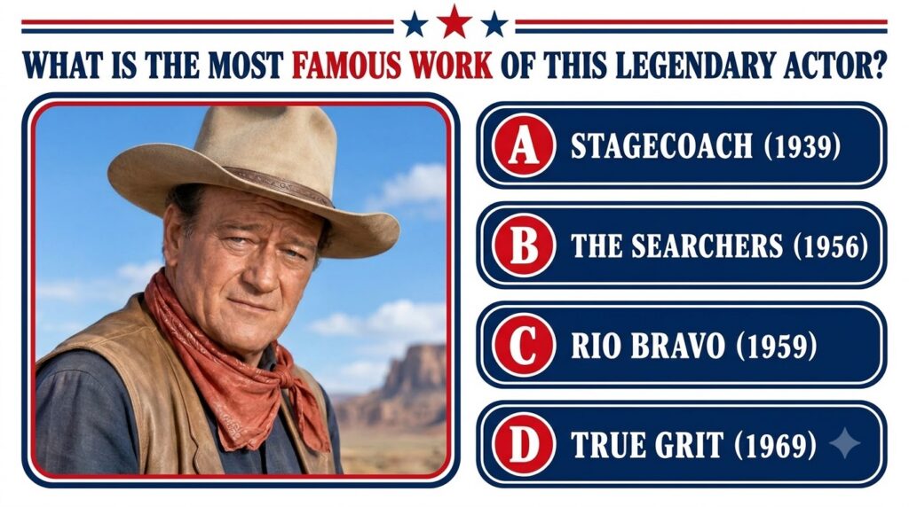 A multiple-choice quiz image featuring a portrait of John Wayne in a cowboy hat and red bandana with the question WHAT I