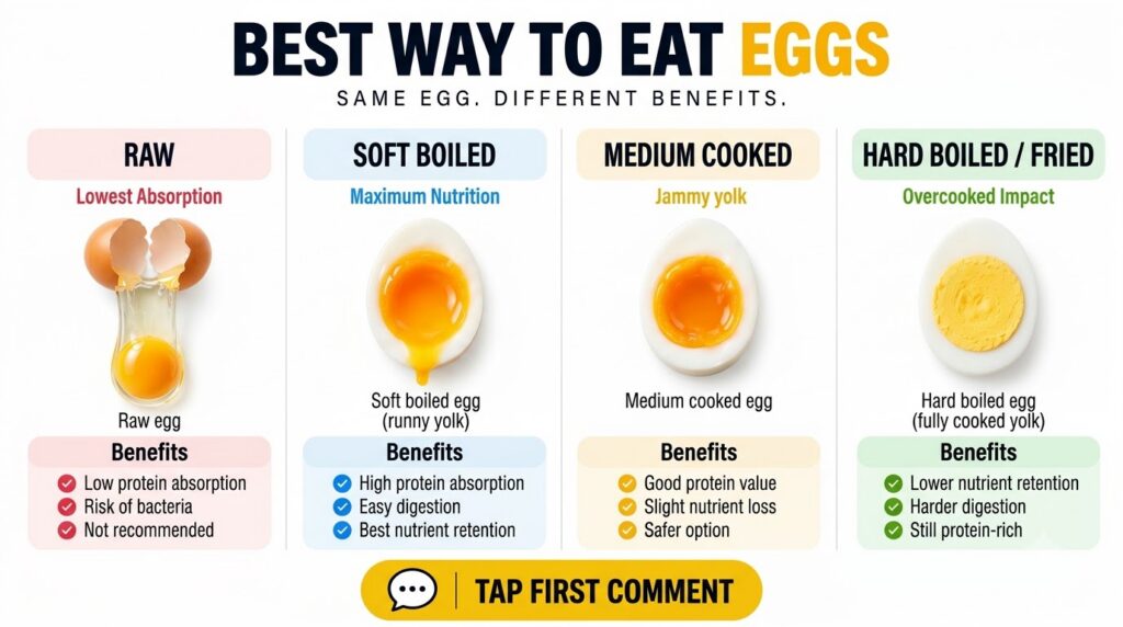 A nutrition infographic visually detailing different egg preparation methods raw soft-boiled medium-cooked hard-boiled f