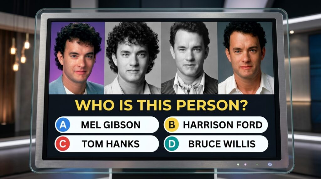 A quiz image showing four headshot portraits of a young Tom Hanks and a multiple-choice question Who Is This Person with