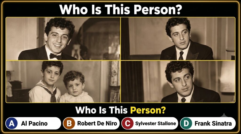 A vintage multiple-choice quiz showing four sepia-toned photos of a young Frank Sinatra at different ages with the quest