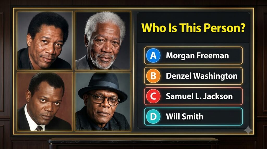 A 2x2 grid of four portraits The top row shows a younger and an older version of Morgan Freeman The bottom row shows a y
