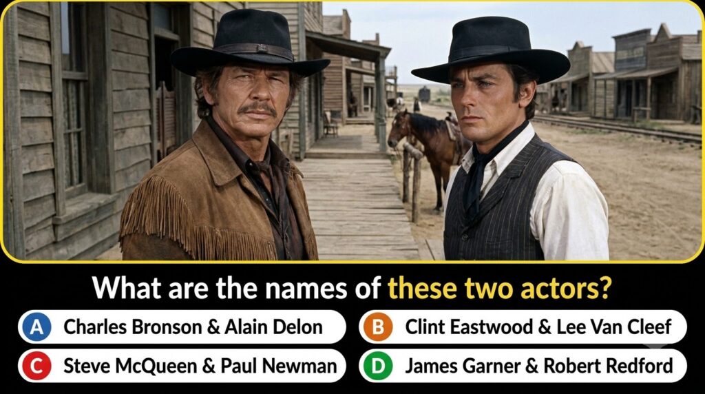 A split image showing Charles Bronson and Alain Delon from the movie Red Sun at the top and a multiple-choice quiz quest