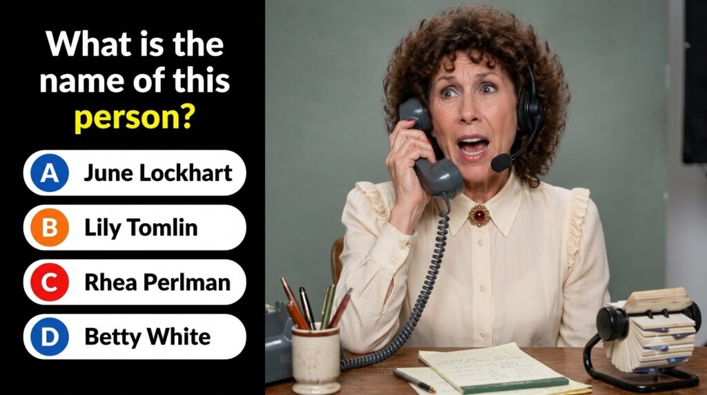 A quiz image showing Lily Tomlin as Ernestine the telephone operator with a frantic expression holding a phone receiver 