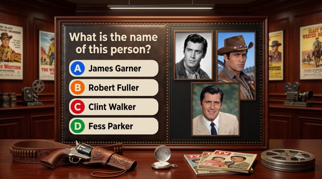 A multi-part quiz graphic featuring three portraits of Robert Fuller at different stages of his career with a question W
